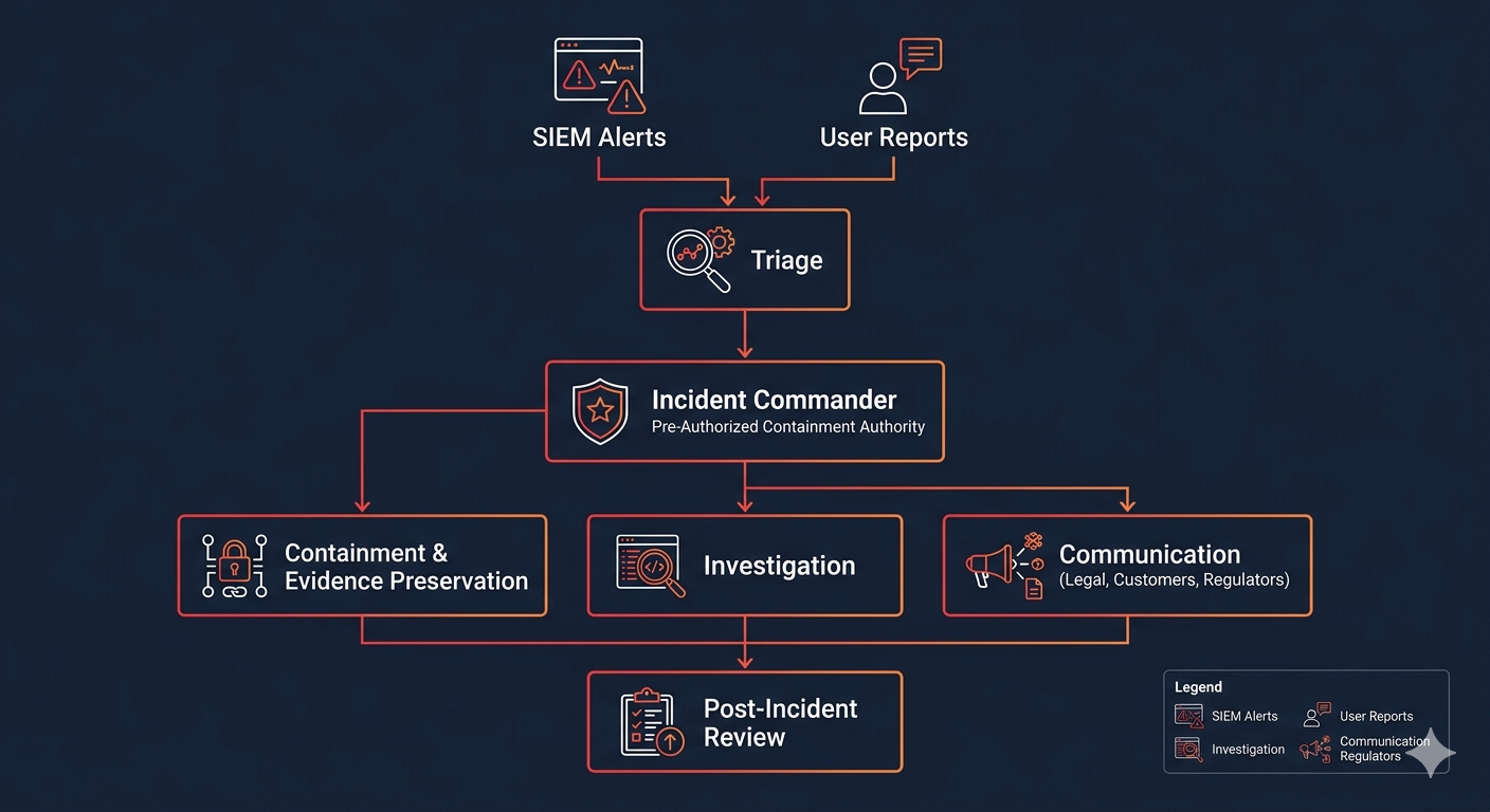 Diagram of an incident response readiness flow showing detection sources such as SIEM alerts and user reports feeding into a triage step, which escalates to a designated incident commander with pre-authorized containment authority, branching into containment and evidence preservation, investigation, and communication workstreams that converge into a post-incident review